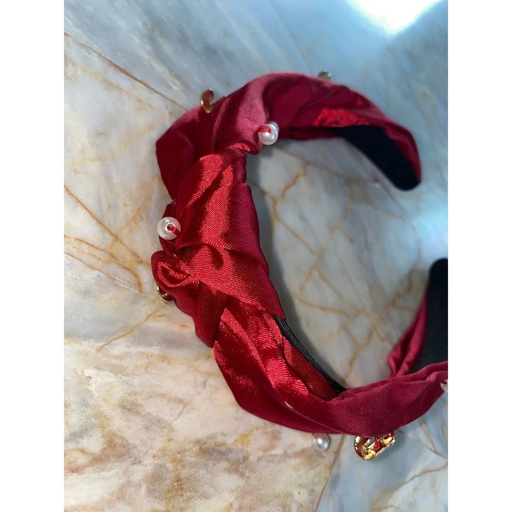 Red Satin Knotted Headband Faux Pearl Candy Cane Christmas Holiday‎ Charms Wide